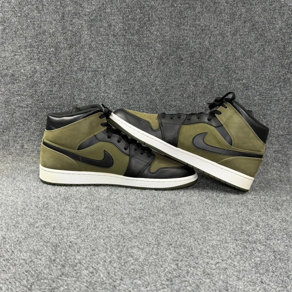 Jordan 1 Mid Shoes Men's 13 Olive Canvas Green Black Retro Athletic Sneakers